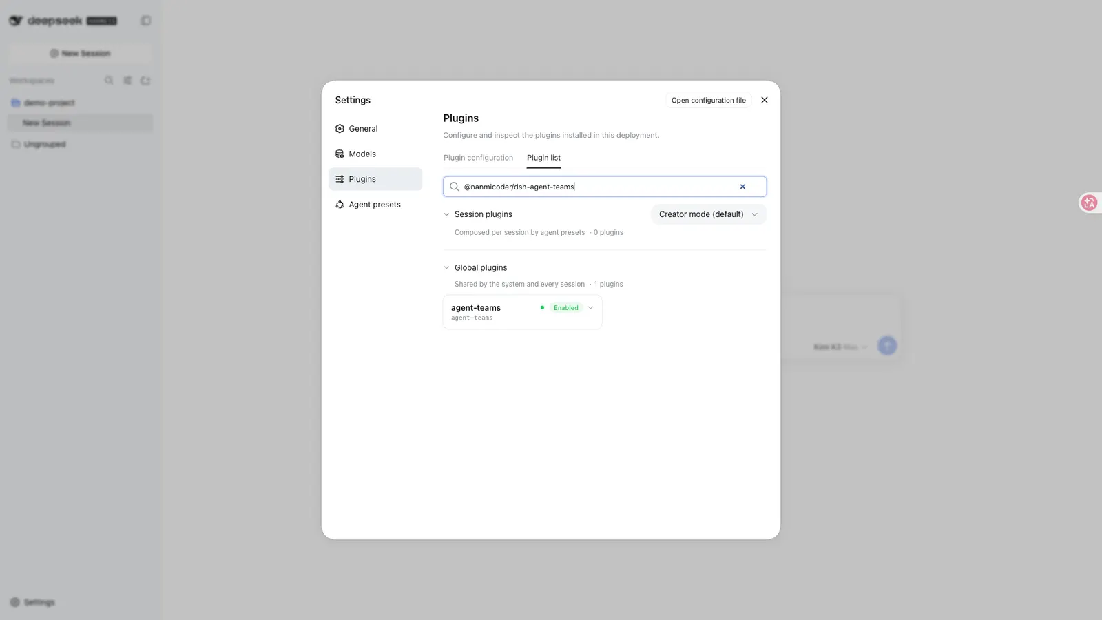 Agent Teams — Installed and enabled, as the expanded row in Settings → Plugins → Plugin list: full package name, configuration state and runtime state.
