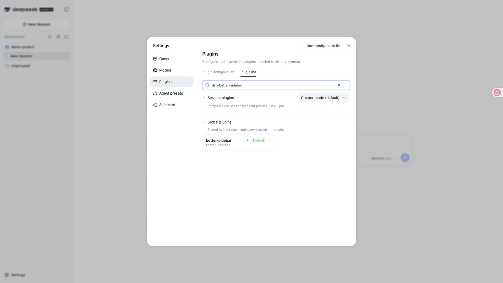 Better Sidebar — Installed and enabled, as the expanded row in Settings → Plugins → Plugin list: full package name, configuration state and runtime state.