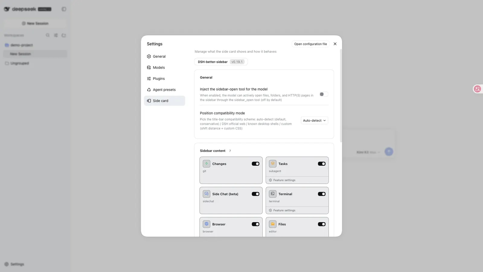 Better Sidebar — A settings page this plugin adds: “Side card”.