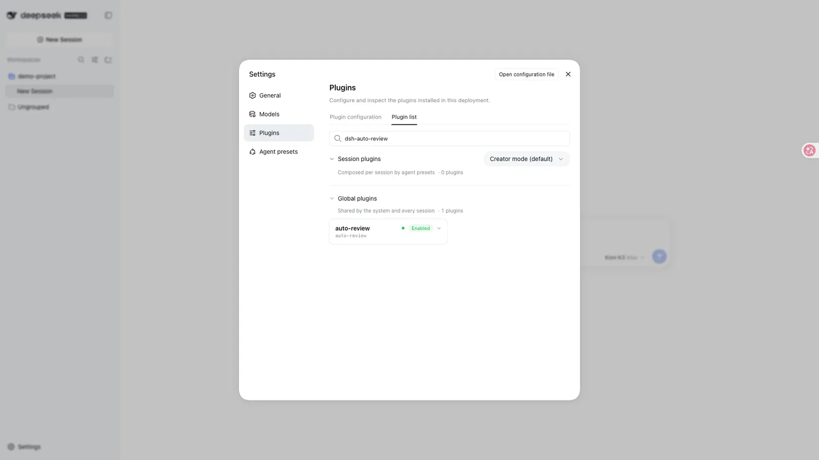 Auto Review — Installed and enabled, as the expanded row in Settings → Plugins → Plugin list: full package name, configuration state and runtime state.