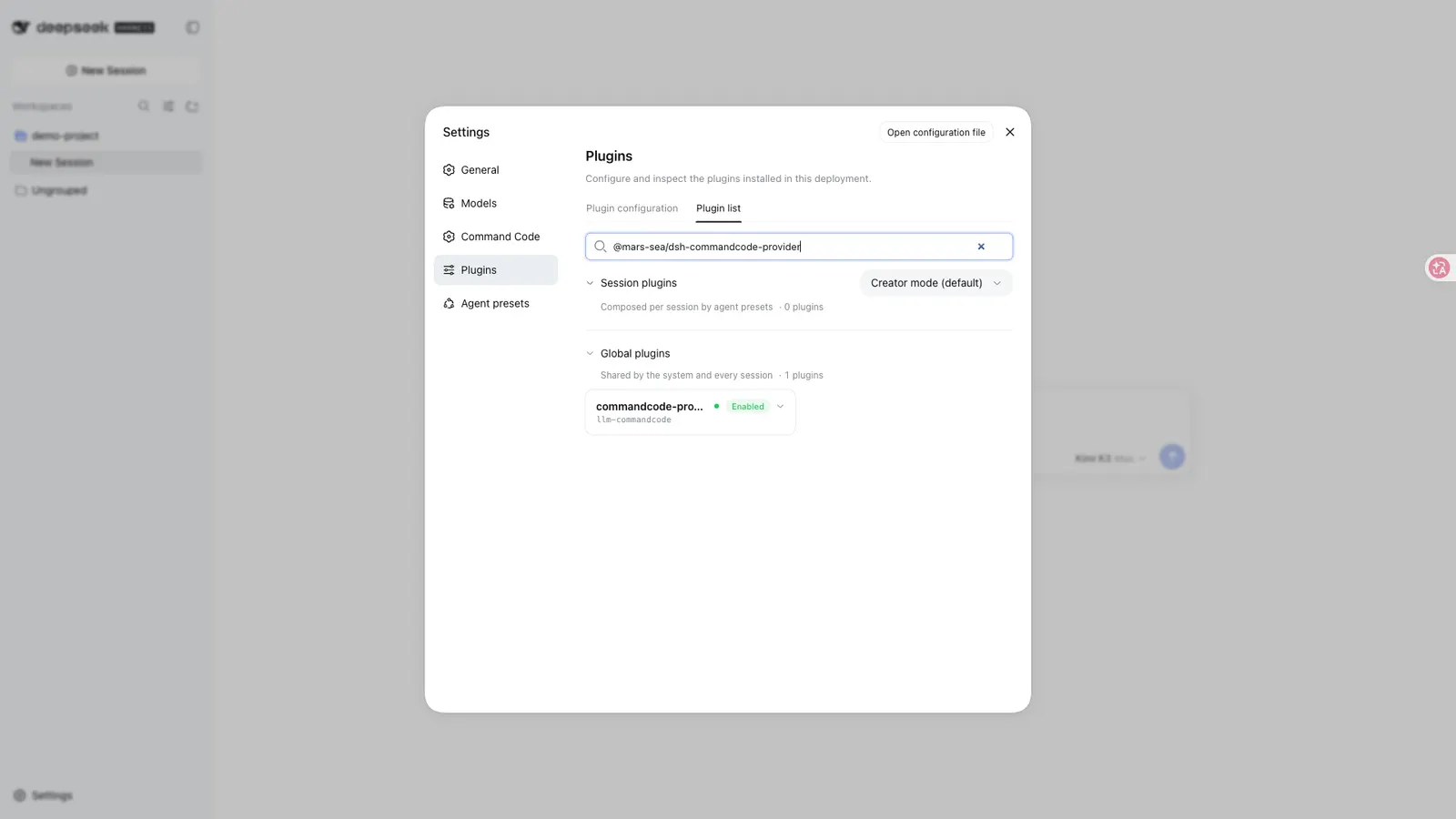 Command Code Provider — Installed and enabled, as the expanded row in Settings → Plugins → Plugin list: full package name, configuration state and runtime state.