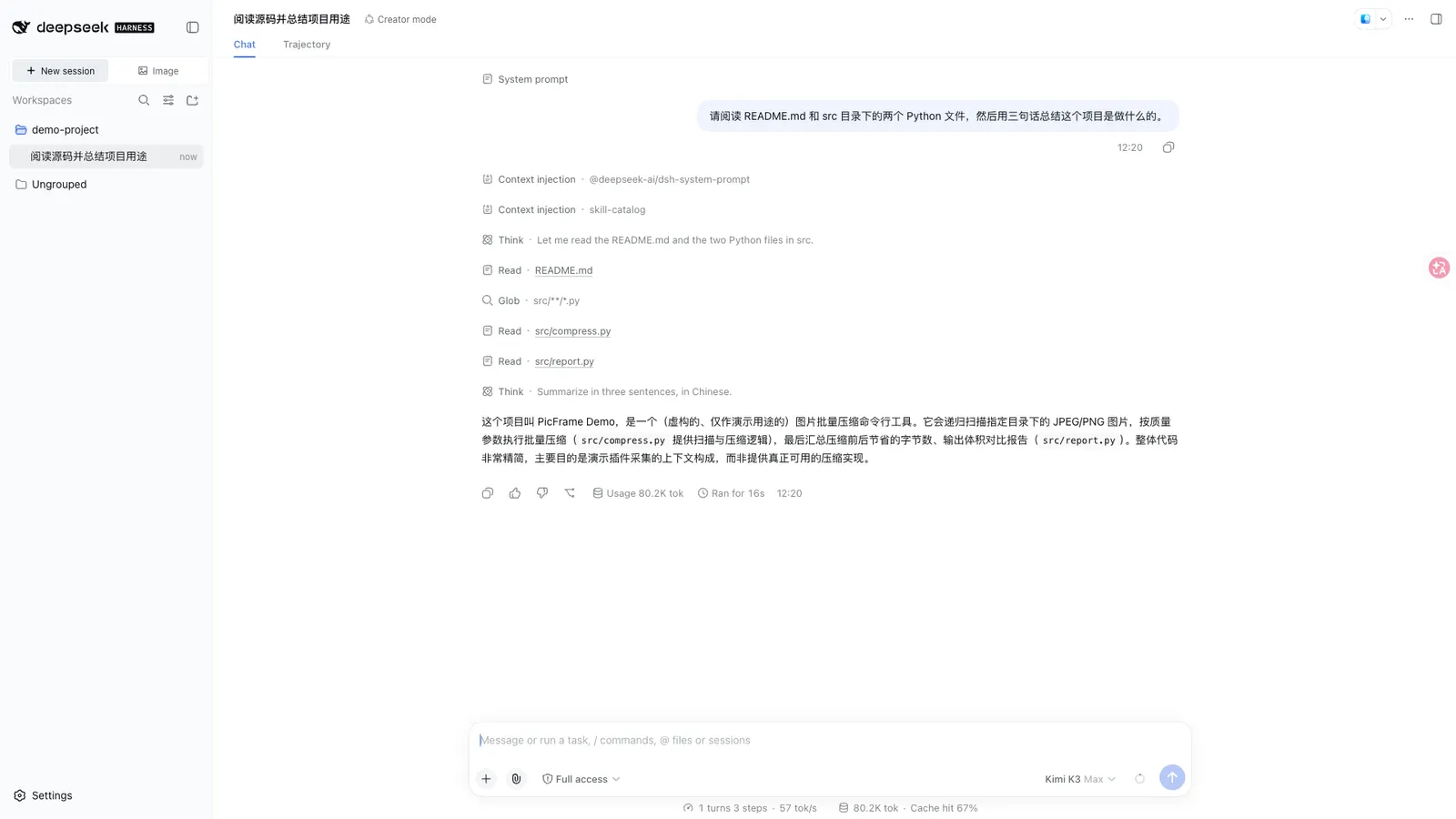 DSH Imagegen — A real session that ran one short task on a generated demo project.