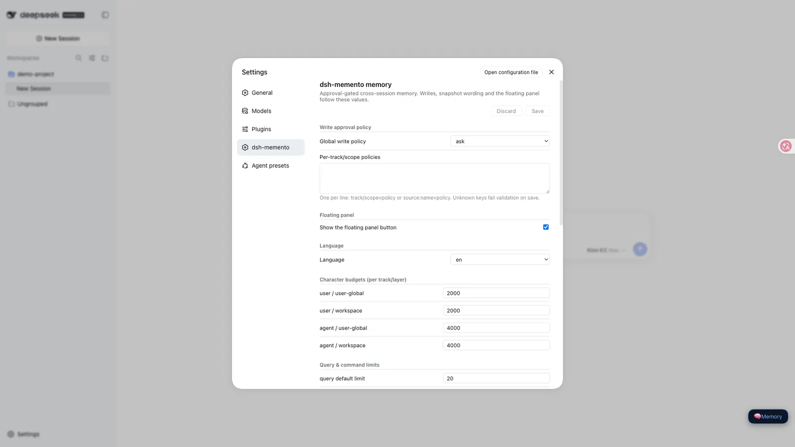 Memento — Installed and enabled, as the expanded row in Settings → Plugins → Plugin list: full package name, configuration state and runtime state.