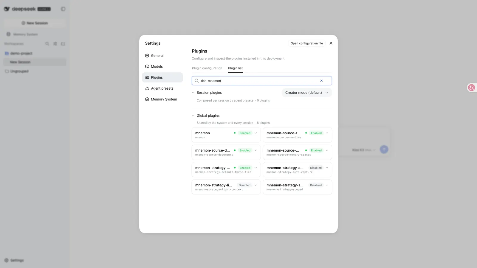 dsh-mnemon — Installed and enabled, as the expanded row in Settings → Plugins → Plugin list: full package name, configuration state and runtime state.