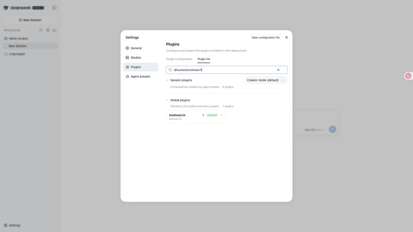 Modsearch — Installed and enabled, as the expanded row in Settings → Plugins → Plugin list: full package name, configuration state and runtime state.