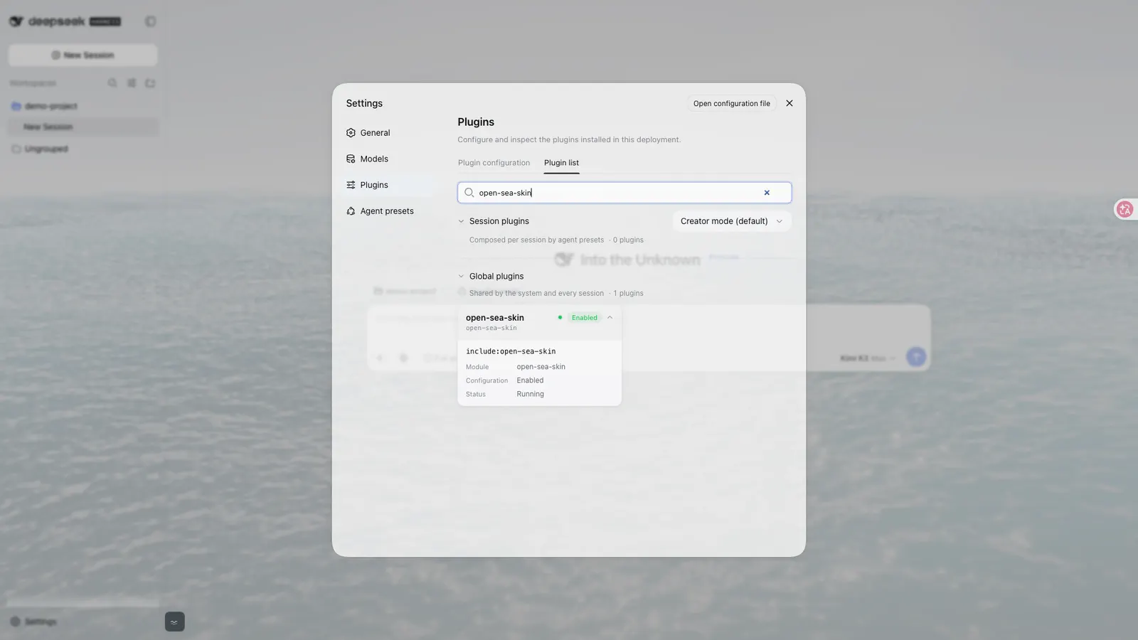 Open Sea Skin — Installed and enabled, as the expanded row in Settings → Plugins → Plugin list: full package name, configuration state and runtime state.