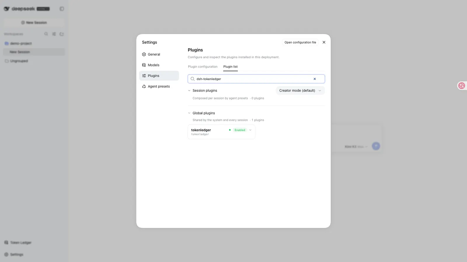 TokenLedger — Installed and enabled, as the expanded row in Settings → Plugins → Plugin list: full package name, configuration state and runtime state.